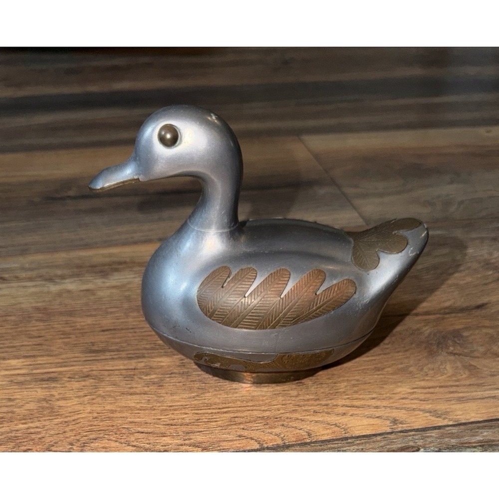 Vtg 1960s Pewter Duck Lidded Trinket Box Dish Brass Accents Figurine Hong Kong